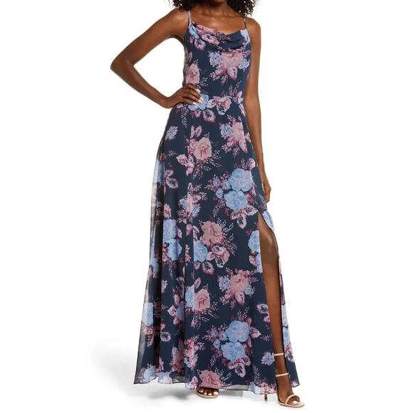 WAYF The Wesley Dress Size Small Maxi Cowl Neck Chiffon Gown Blue Floral NWT - Picture 1 of 13